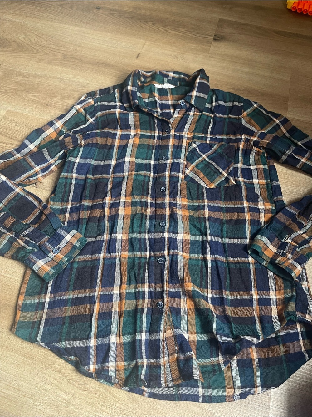 Lucky Brand Womens Plaid Button-Down Shirt in Green & Navy with Tan Accents